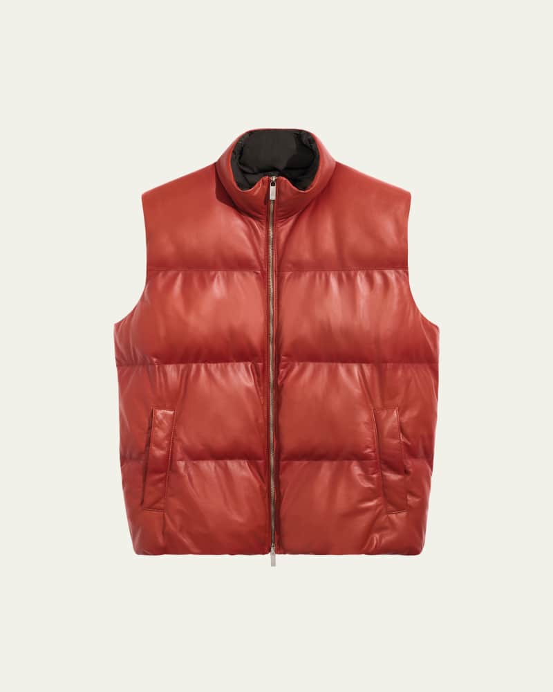 Men's Down Quilted Leather Full-Zip Vest 