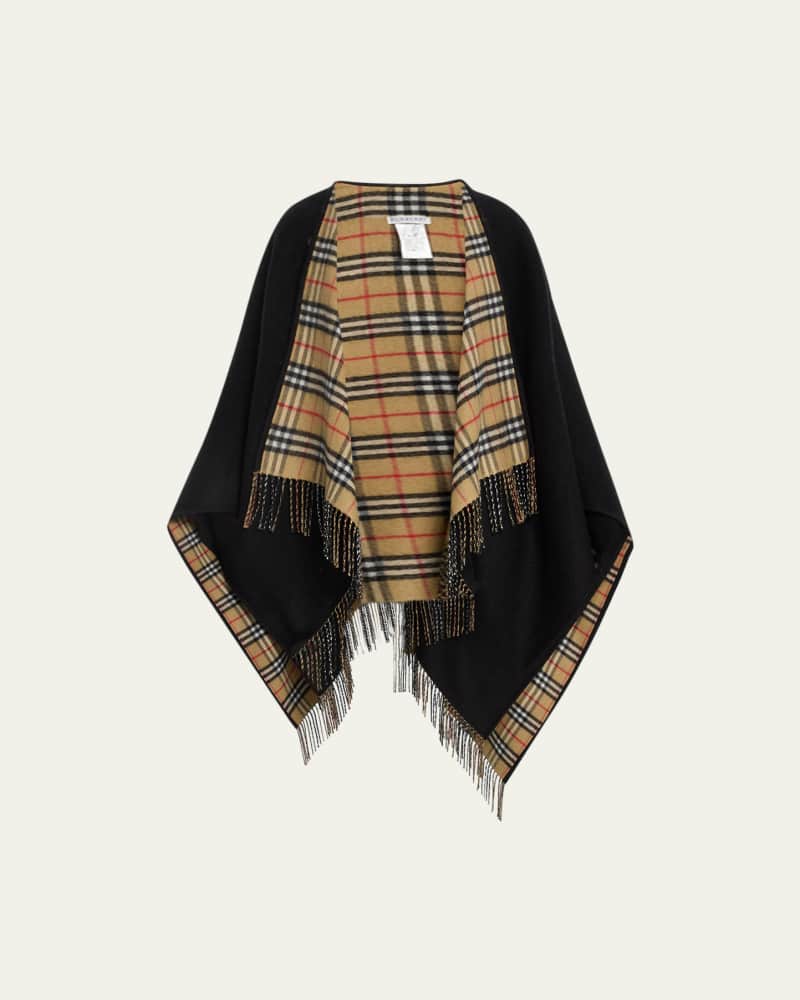 Vintage-Style Check Fringed Wool Cape 