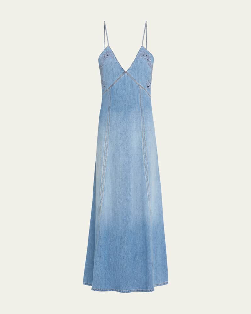 Denim Maxi Dress with Eyelet Embroidery 