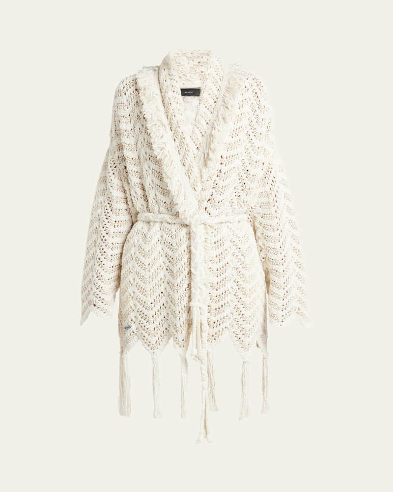 Natural Chevron Belted Cardigan with Fringe 