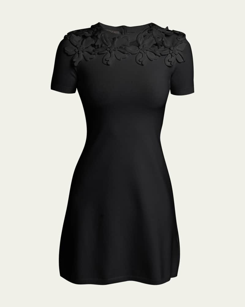 Knit Mini Dress with Floral Embroidered Neckline