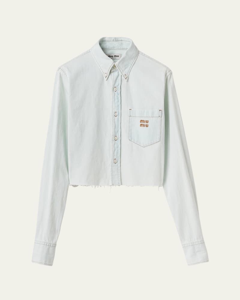 Chambray Denim Long-Sleeve Button-Front Crop Shirt