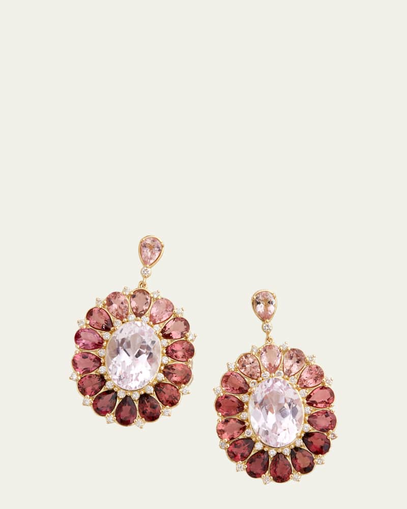 18K Yellow Gold Floral Ombre Oval Earrings with Kunzite, Pink Tourmaline and Diamonds