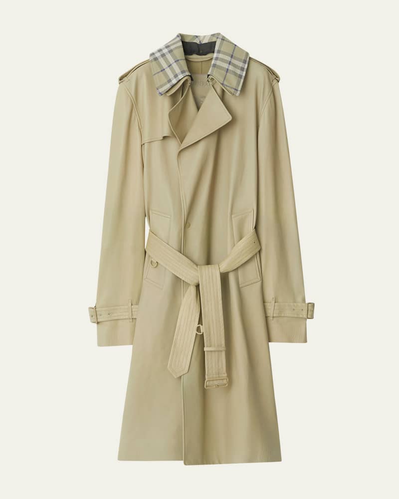 Leather Trench Coat with Check Collar