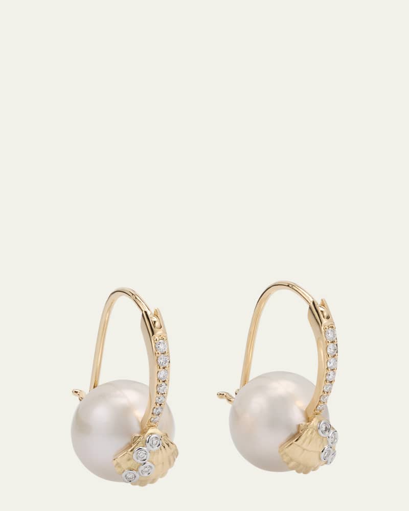 14K Gold Clamshell and 10mm Freshwater Pearl Diamond Earrings 