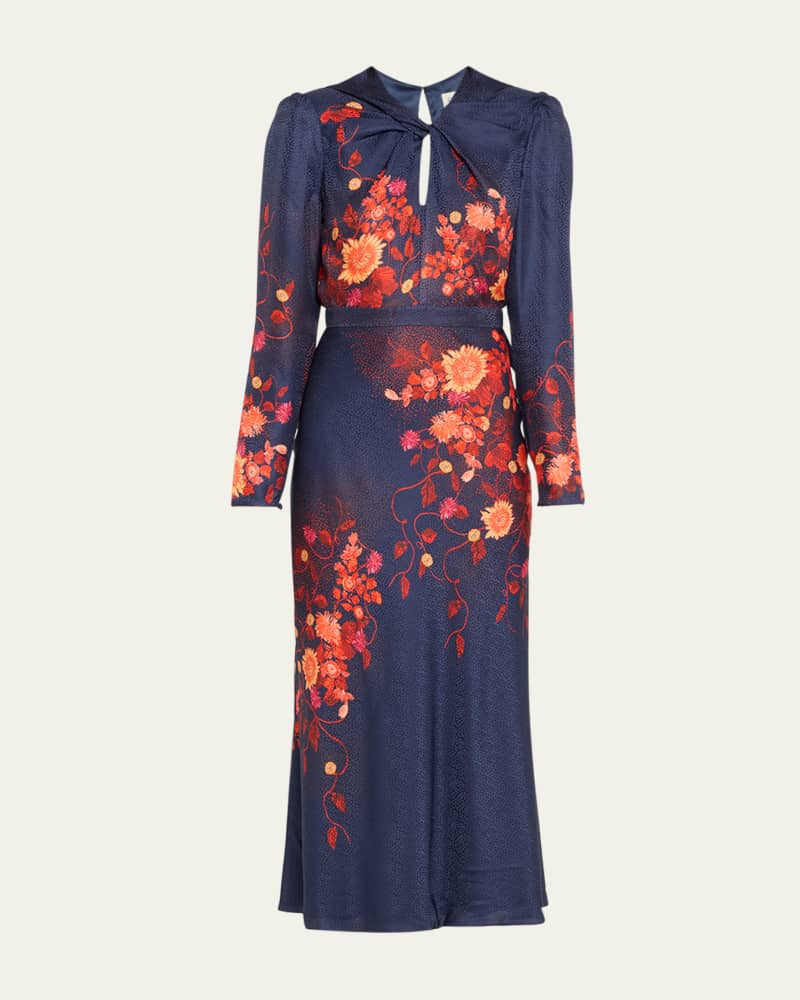 Claudia Floral Silk Long-Sleeve Fluted Midi Dress