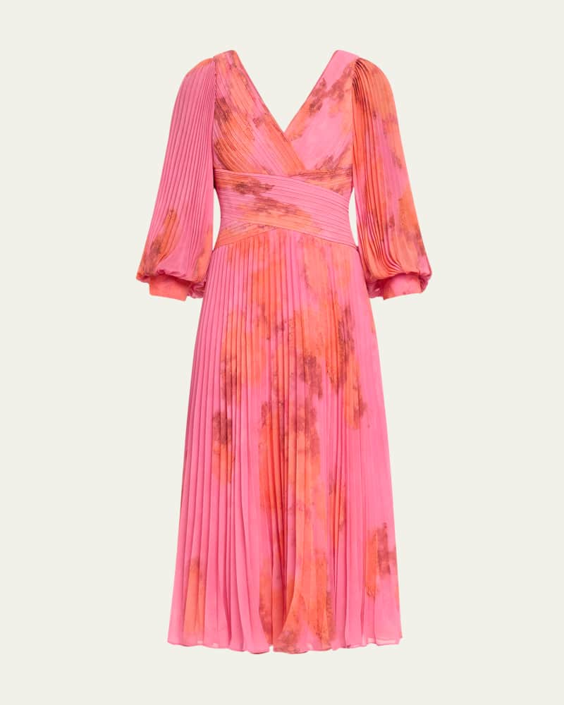 Pleated Abstract-Print Chiffon Midi Dress