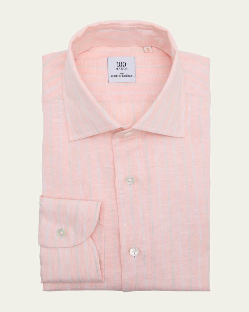 Men's Linen Thin Stripe Spread-Collar Sport Shirt