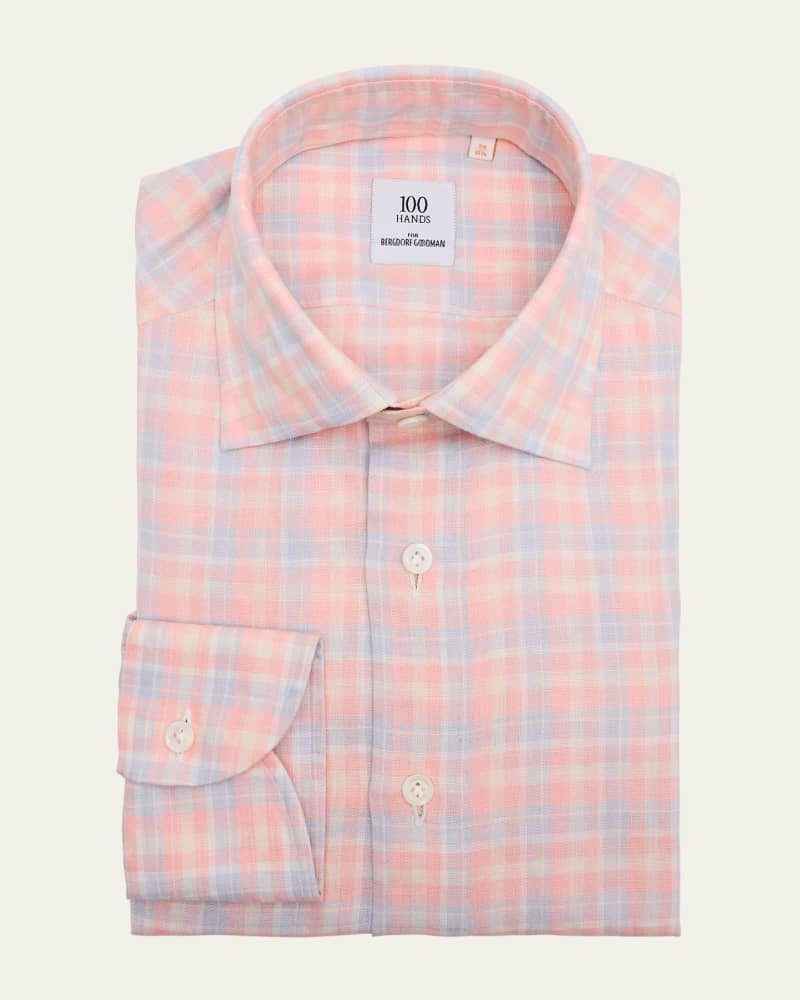 Men's Linen Plaid Spread-Collar Sport Shirt