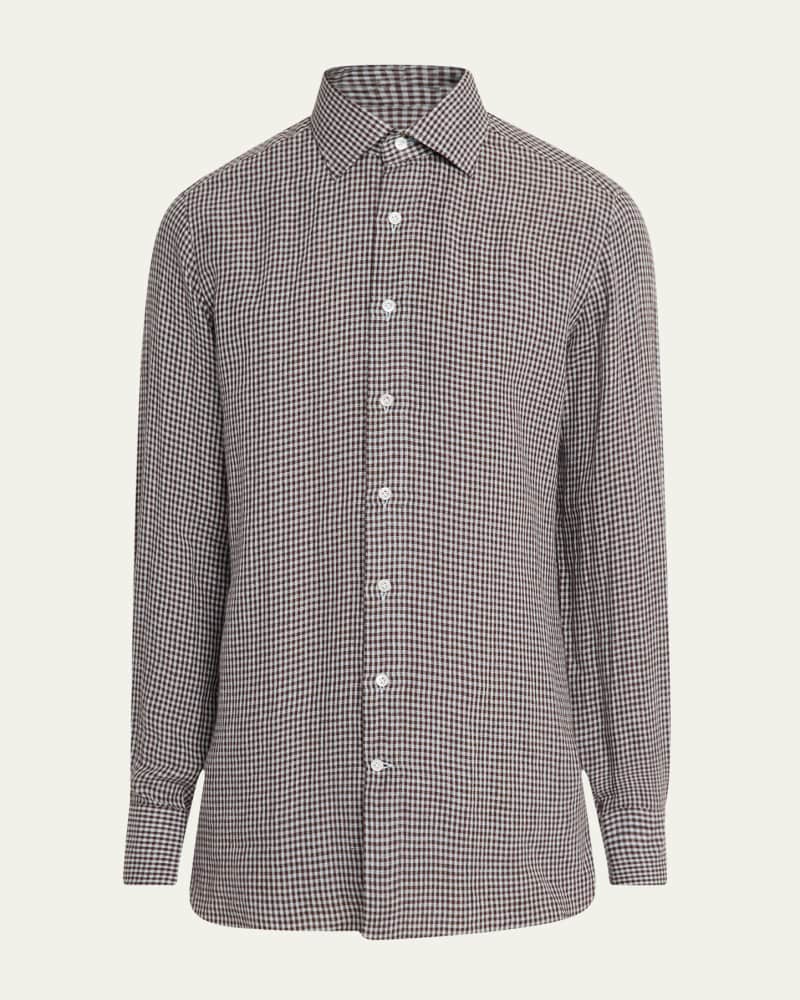 Men's Linen Gingham Check Casual Button-Down Shirt