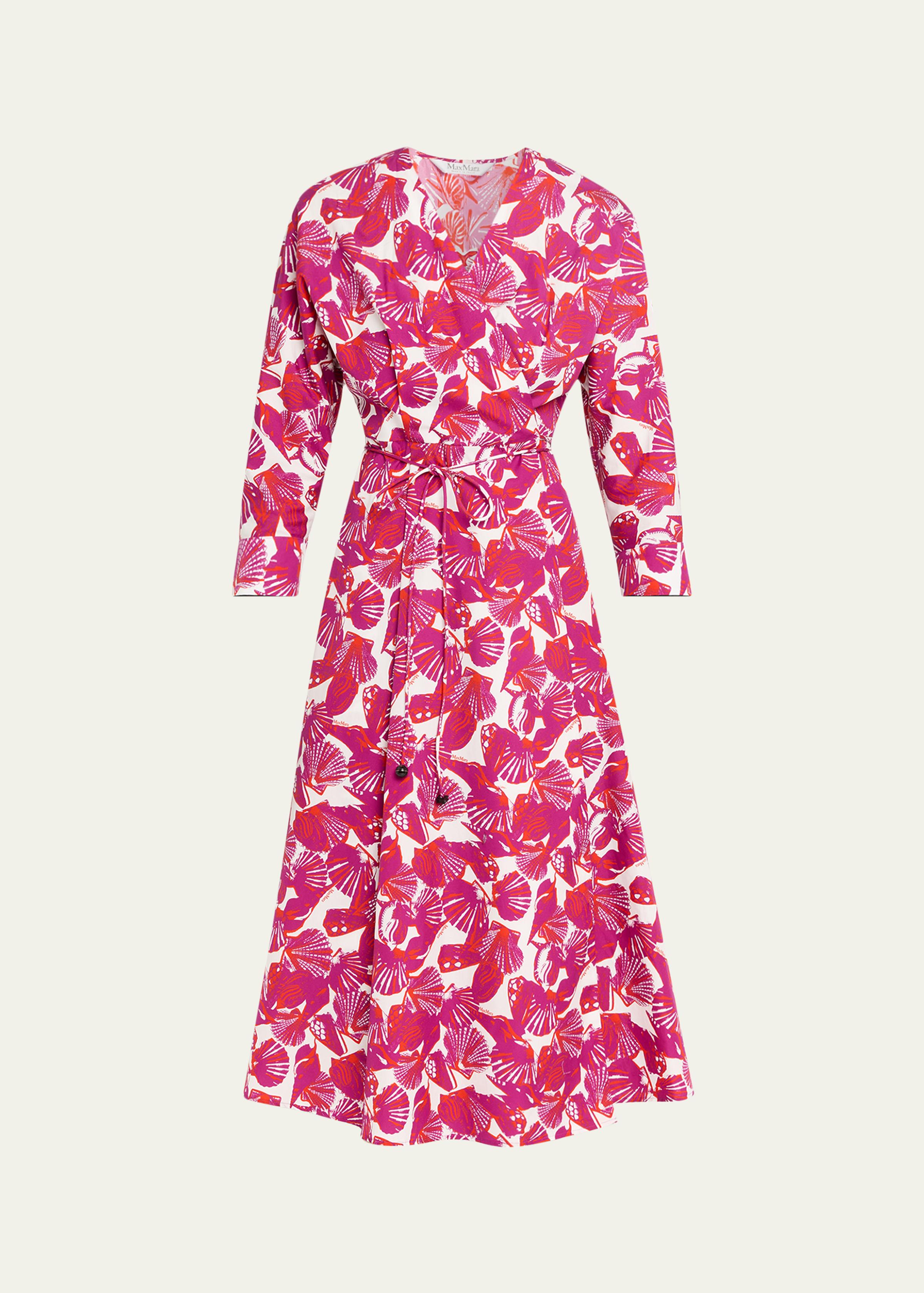 Seashell-Print Faux Wrap Midi Dress
