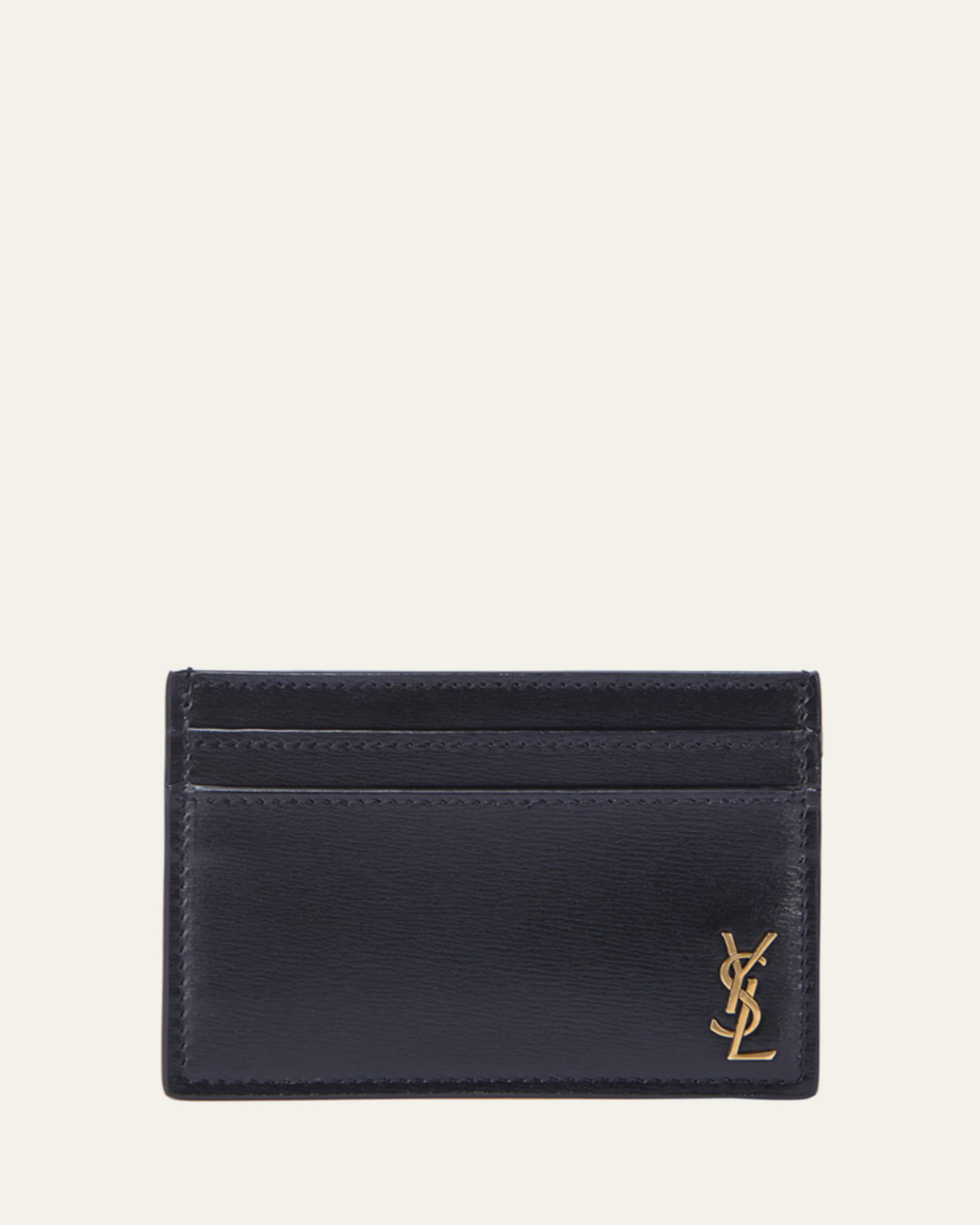 Saint Laurent YSL Monogram Croc-Embossed Leather Card Case, Black