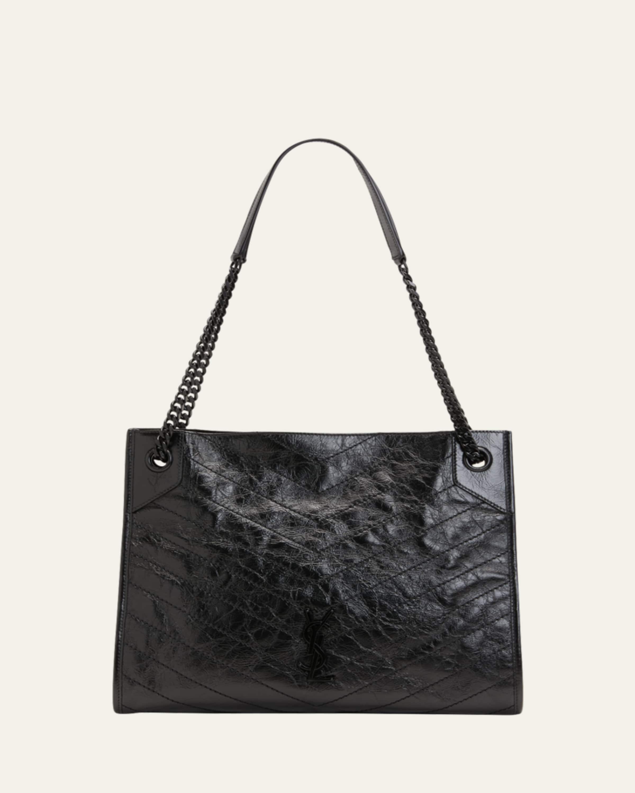 Saint Laurent Niki Medium YSL Shopper Tote Bag in Crinkled Leather
