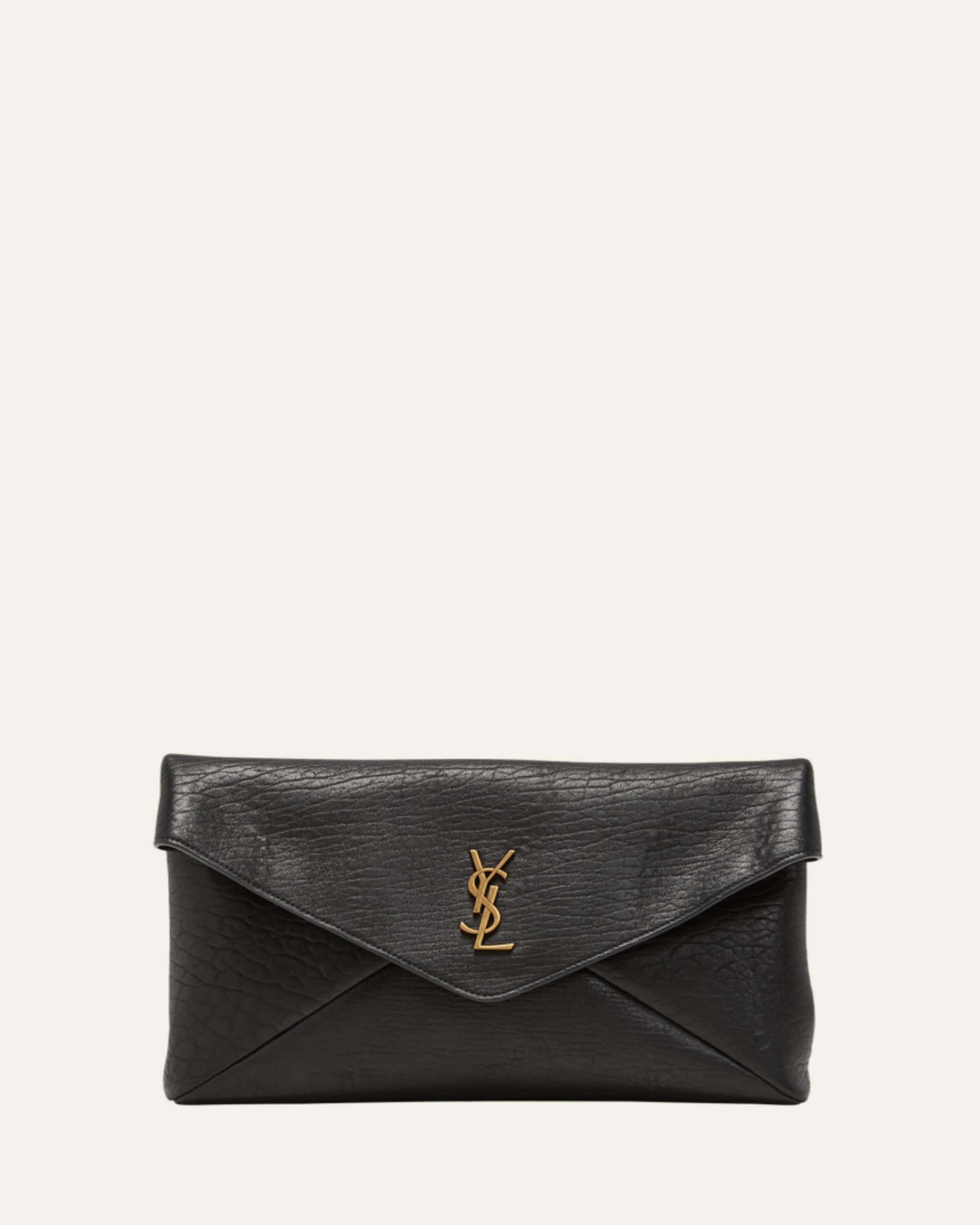 Saint Laurent YSL Monogram Flap Clutch Bag in Grained Leather