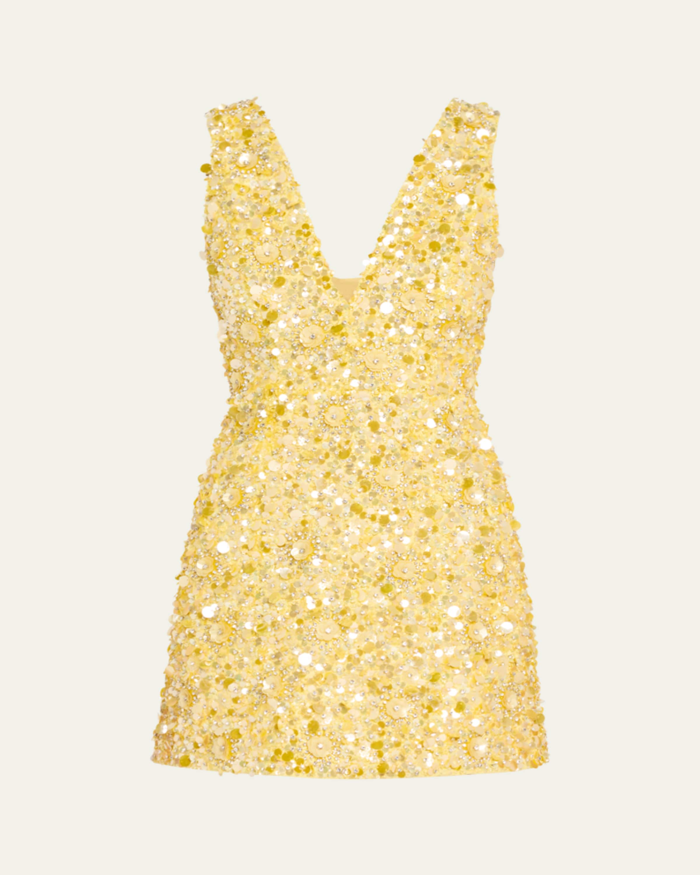 alice and olivia yellow sequin dress NELIA SEQUINED HIGH LOW RUFFLED MAXI DRESS in PALE GOLD