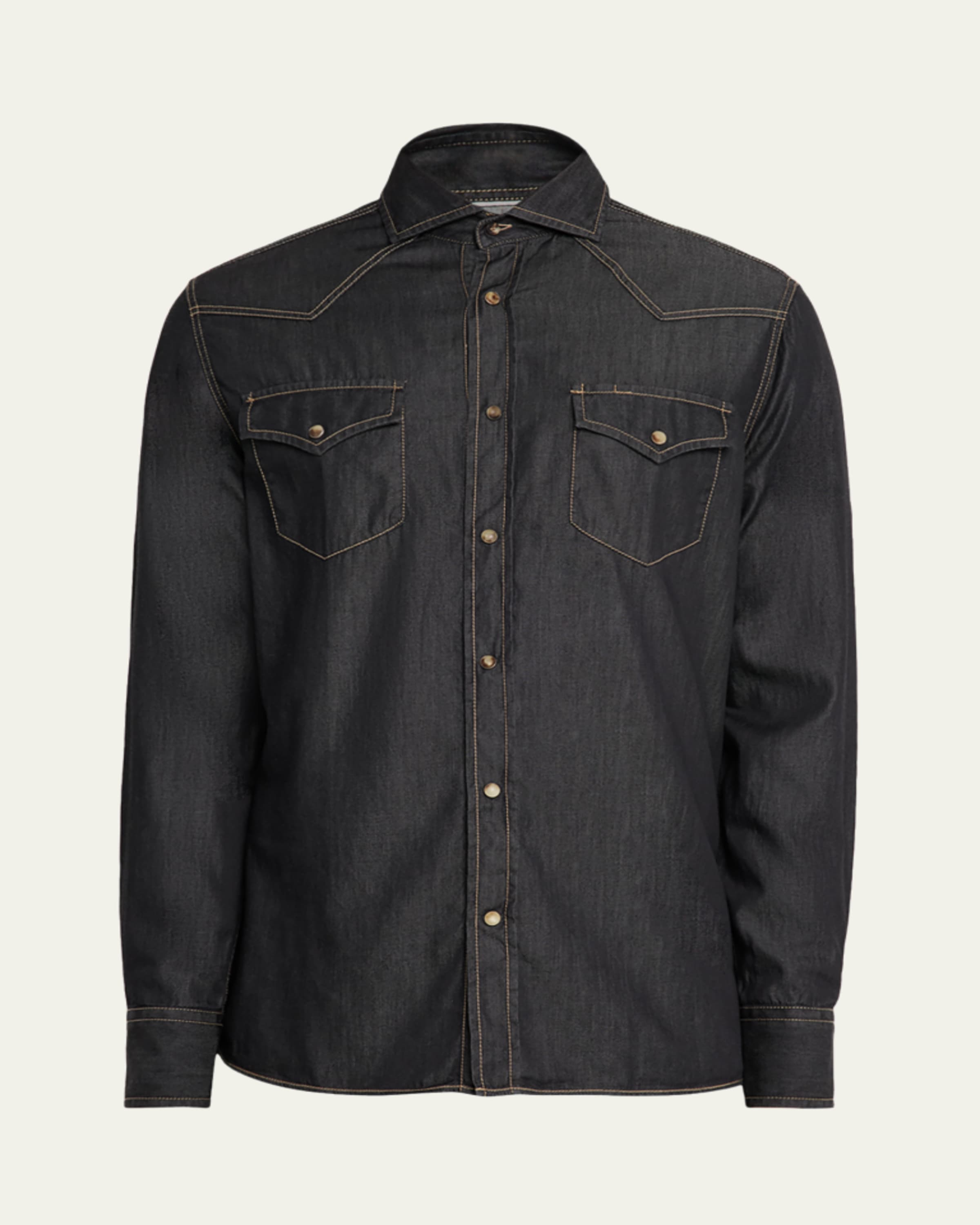Brunello Cucinelli Men's Denim Snap-Front Western Shirt - Bergdorf