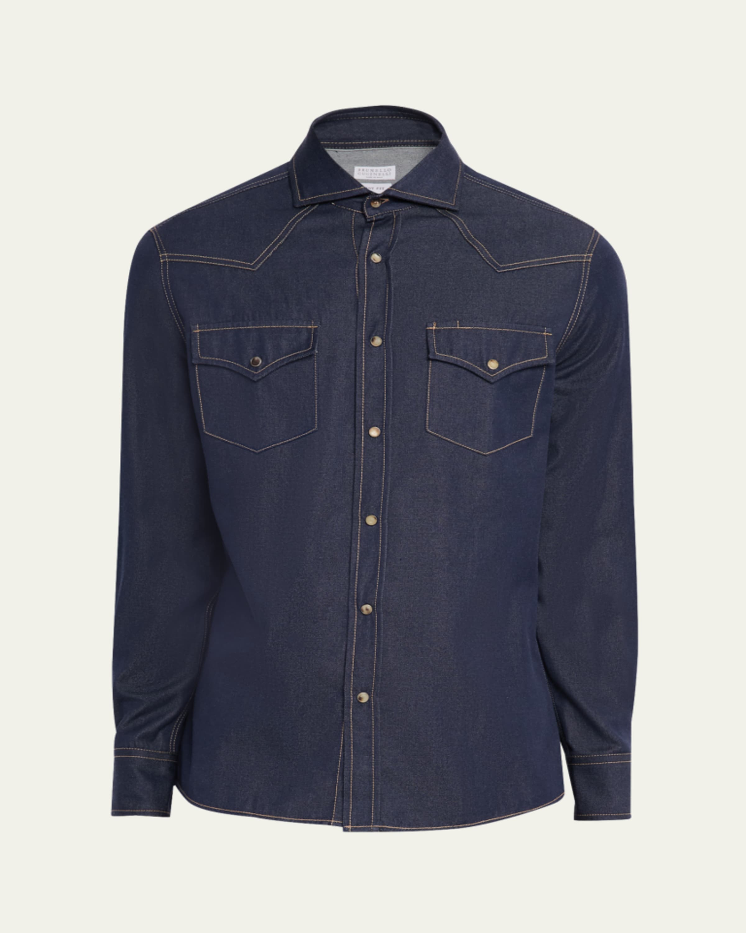 Brunello Cucinelli Men's Denim Spread Collar Button-Down Shirt