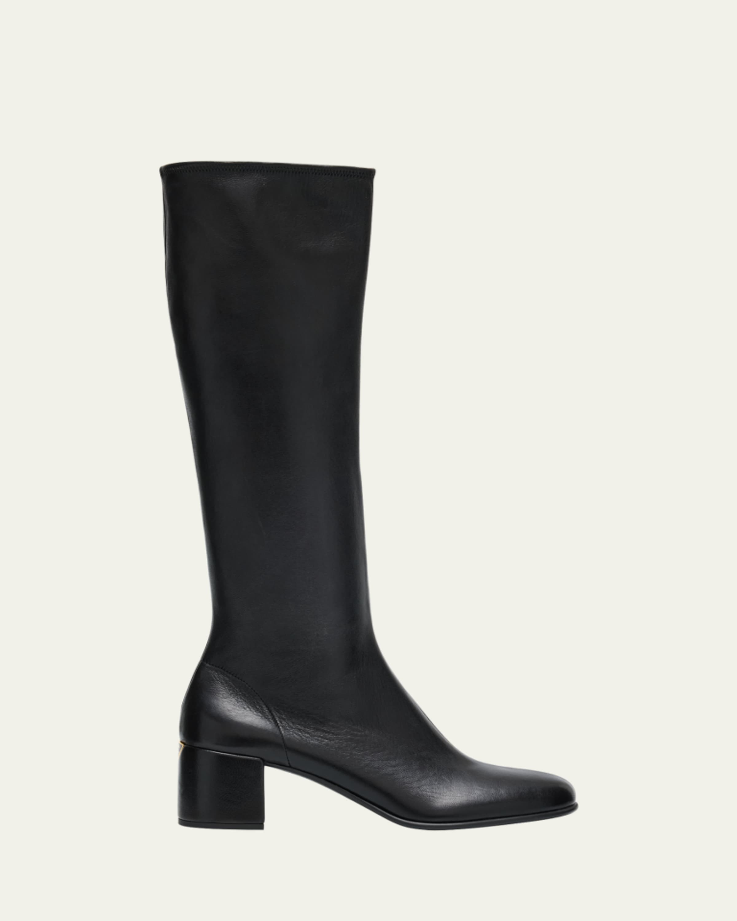 Prada Triangle Logo Leather Block-Heel Knee Boots - Bergdorf Goodman