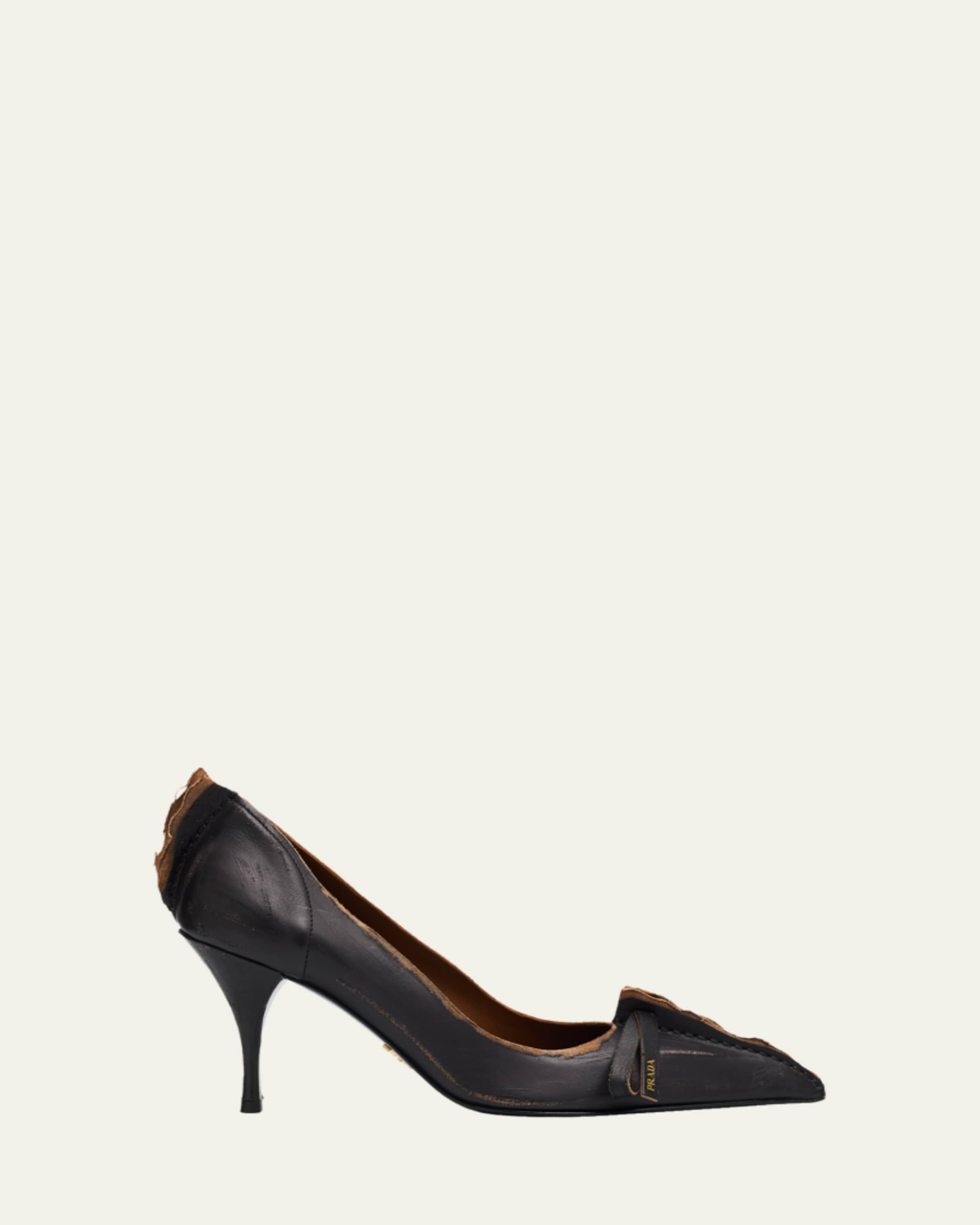 靴 PRADA leather ribbon strap heels black Prada Dual Leather Pumps with Ribbon Detail - Bergdorf Goodman