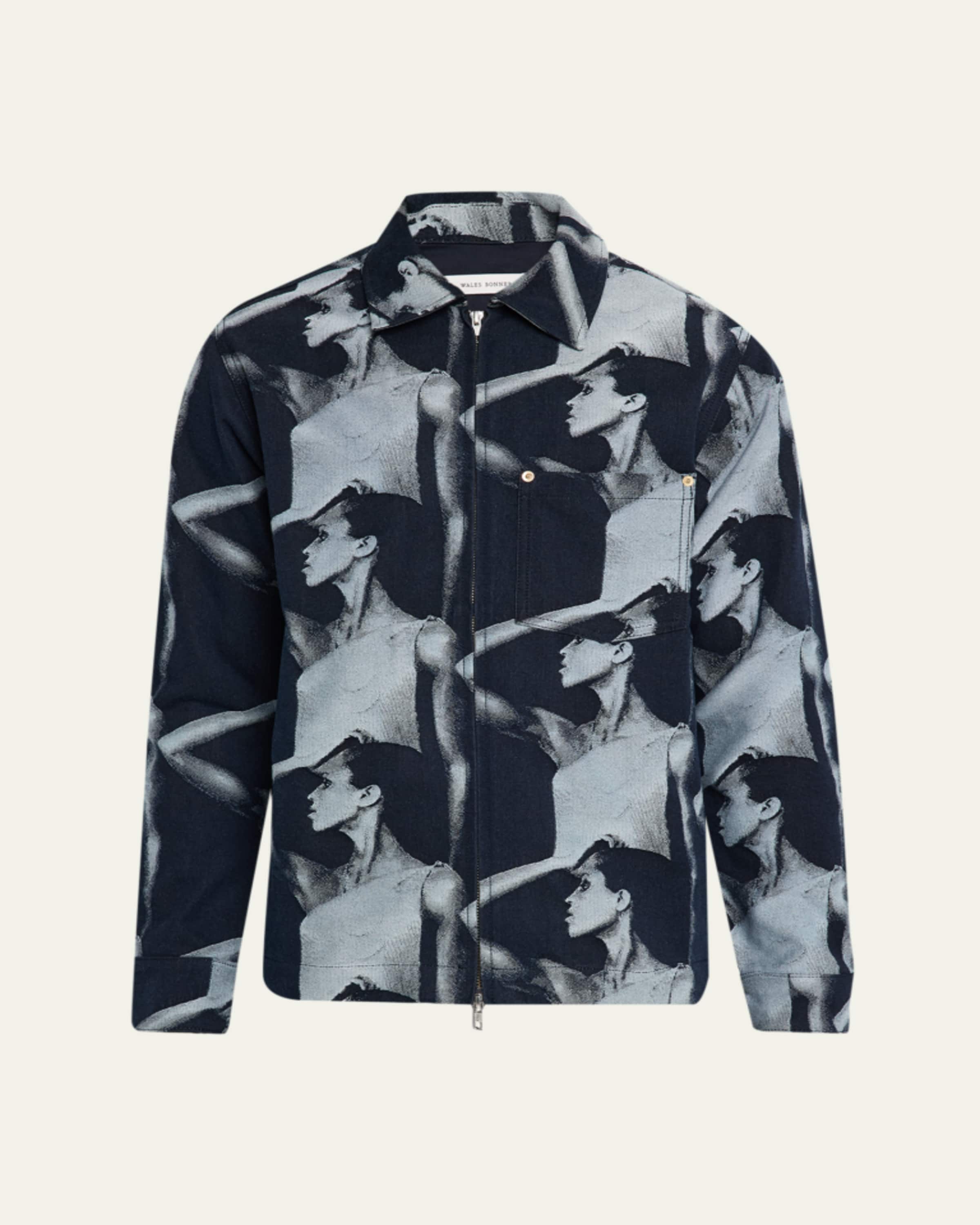 Wales Bonner Men's The Jet Magazine-Print Full-Zip Denim Jacket