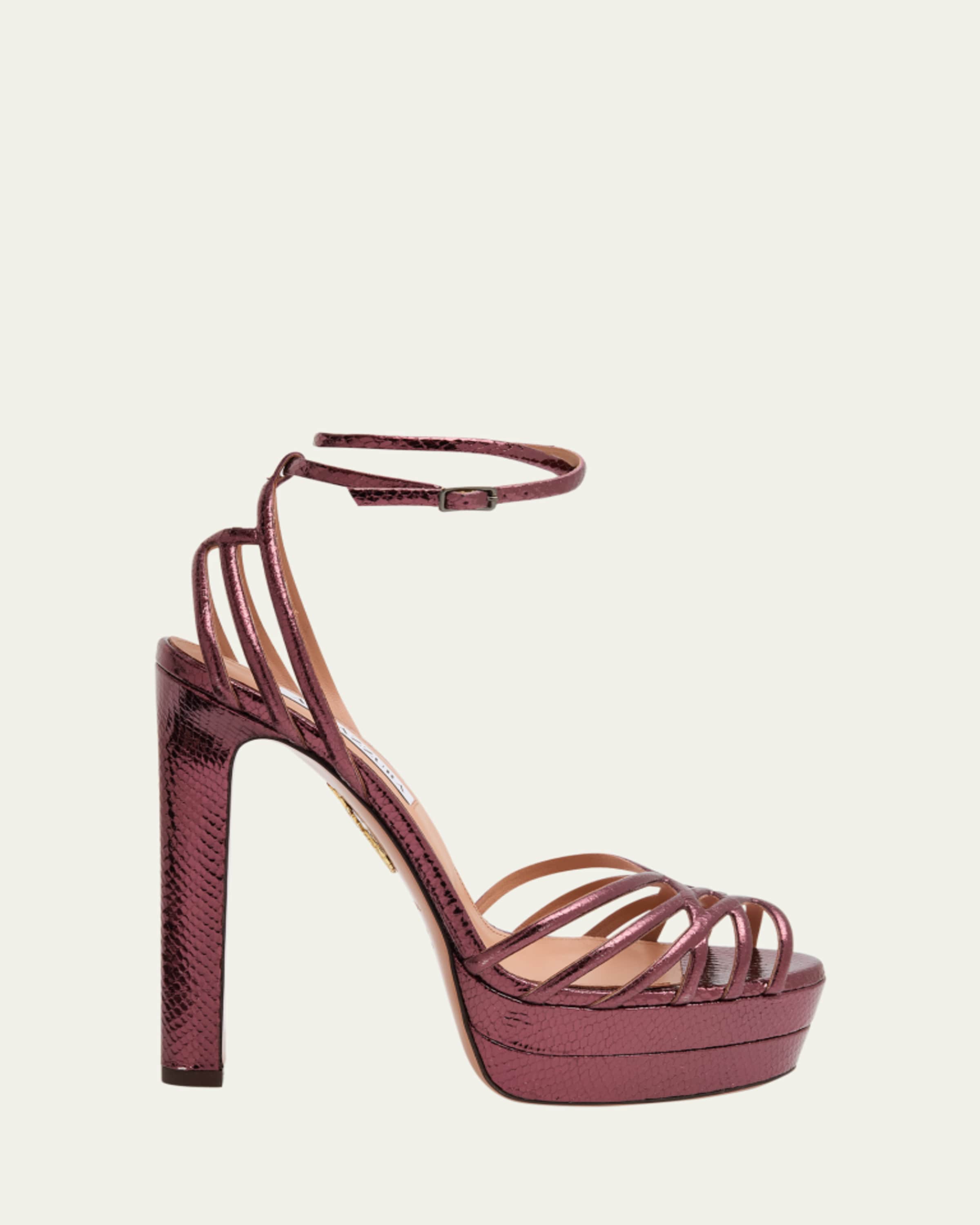 Aquazzura 130mm Wild Dream Snake-Embossed Metallic Leather