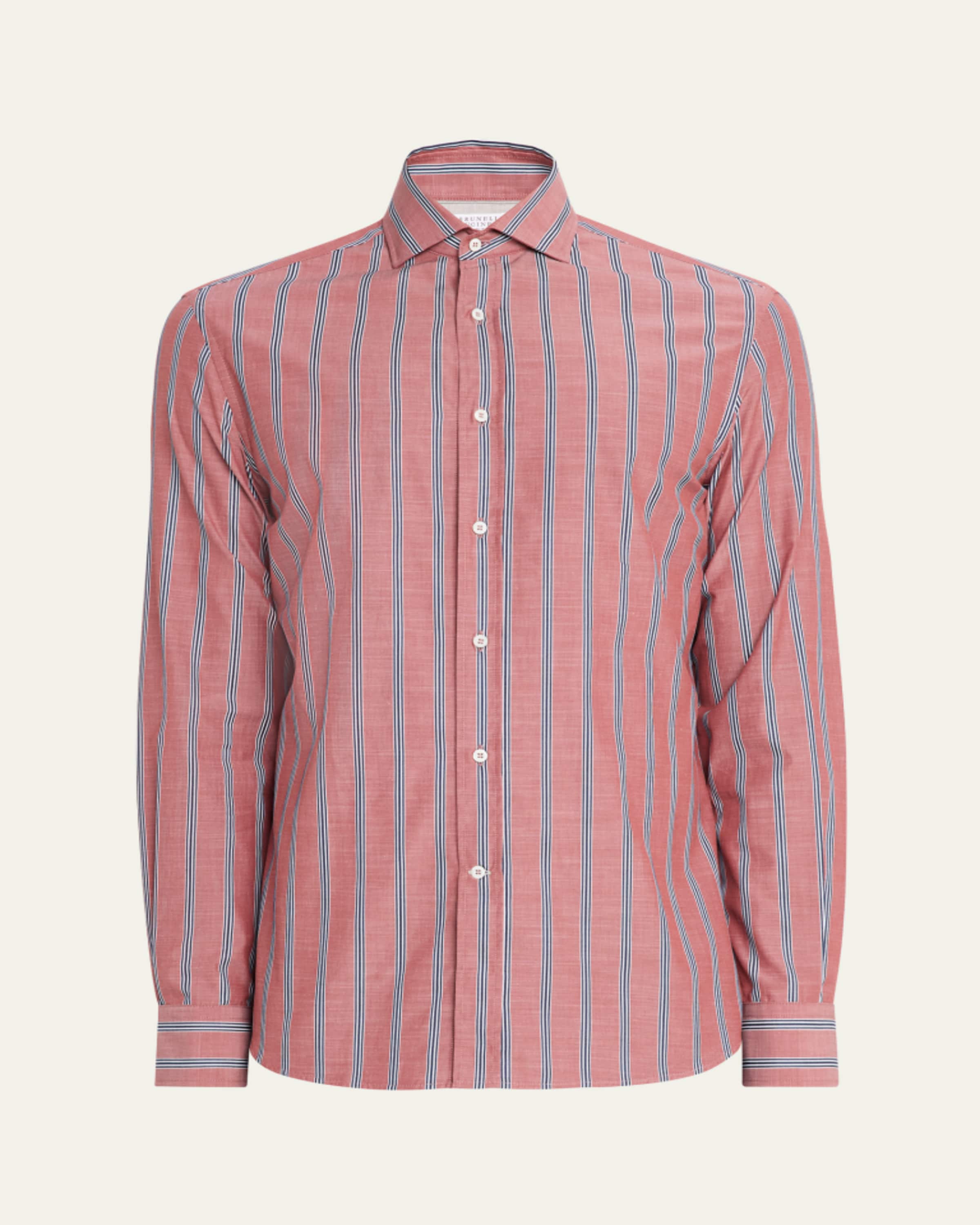 Brunello Cucinelli Men's Narrow Striped Long-Sleeve Shirt