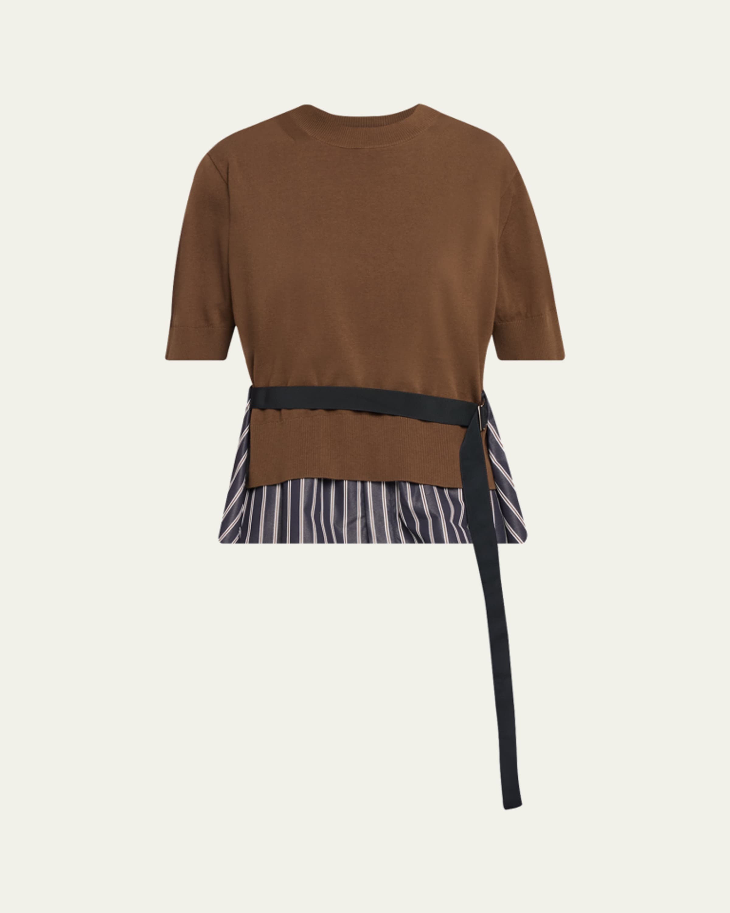 SACAI Mixed-Media Denim Short-Sleeve V-Neck Cardigan - Bergdorf