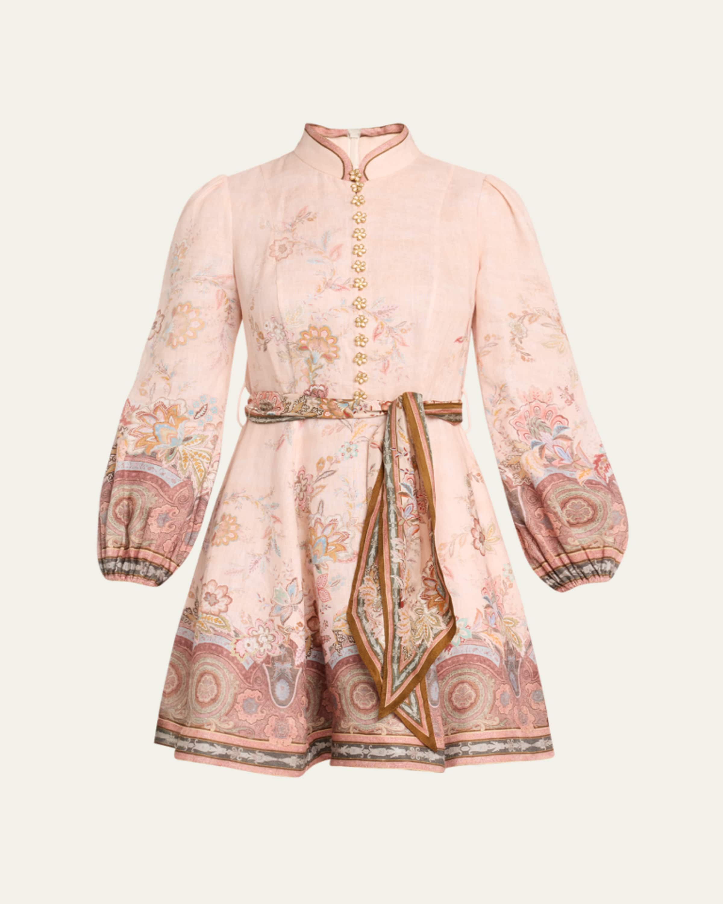 zimmermann golden buttoned mini dress Zimmermann Golden Buttoned Mini Dress in Pink & Gold Floral