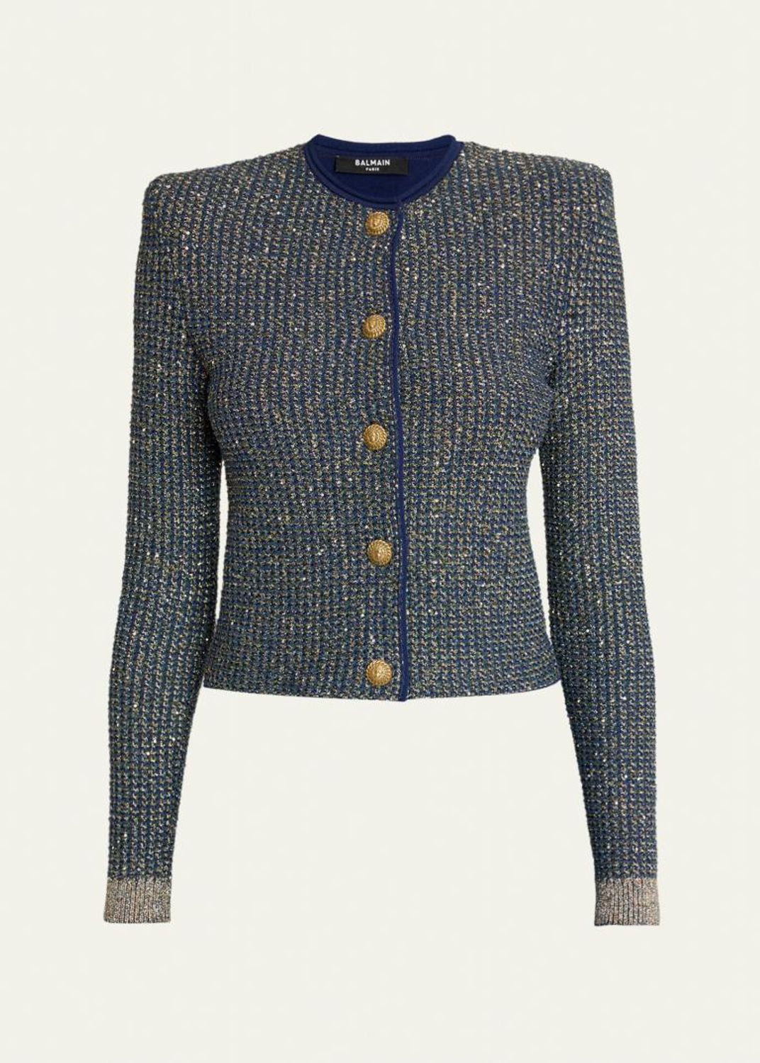 Balmain Metallic Striped Strong-Shoulder Crop Cardigan - Bergdorf