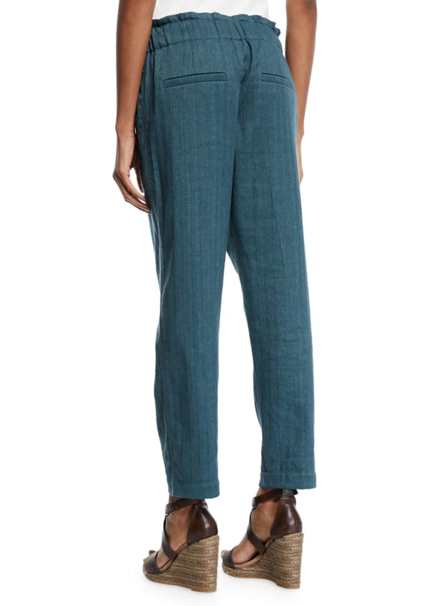 Brunello Cucinelli Cotton-Linen Chevron Pull-On Crop Pants Image 2 of 3