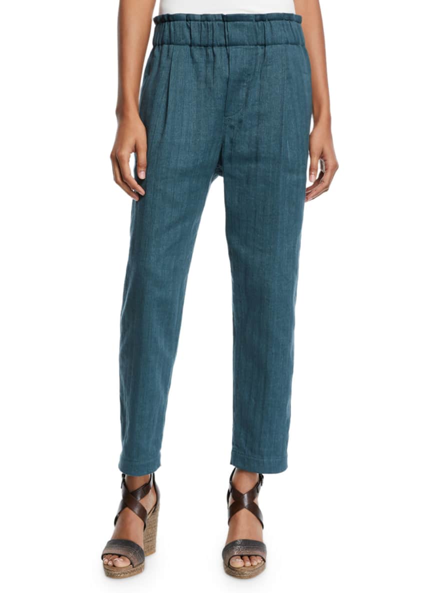 Brunello Cucinelli Cotton-Linen Chevron Pull-On Crop Pants Image 1 of 3