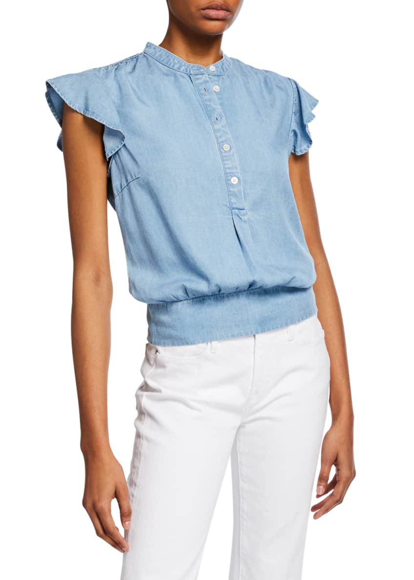 FRAME Smocked Flounce Button-Front Popover Blouse Image 1 of 4