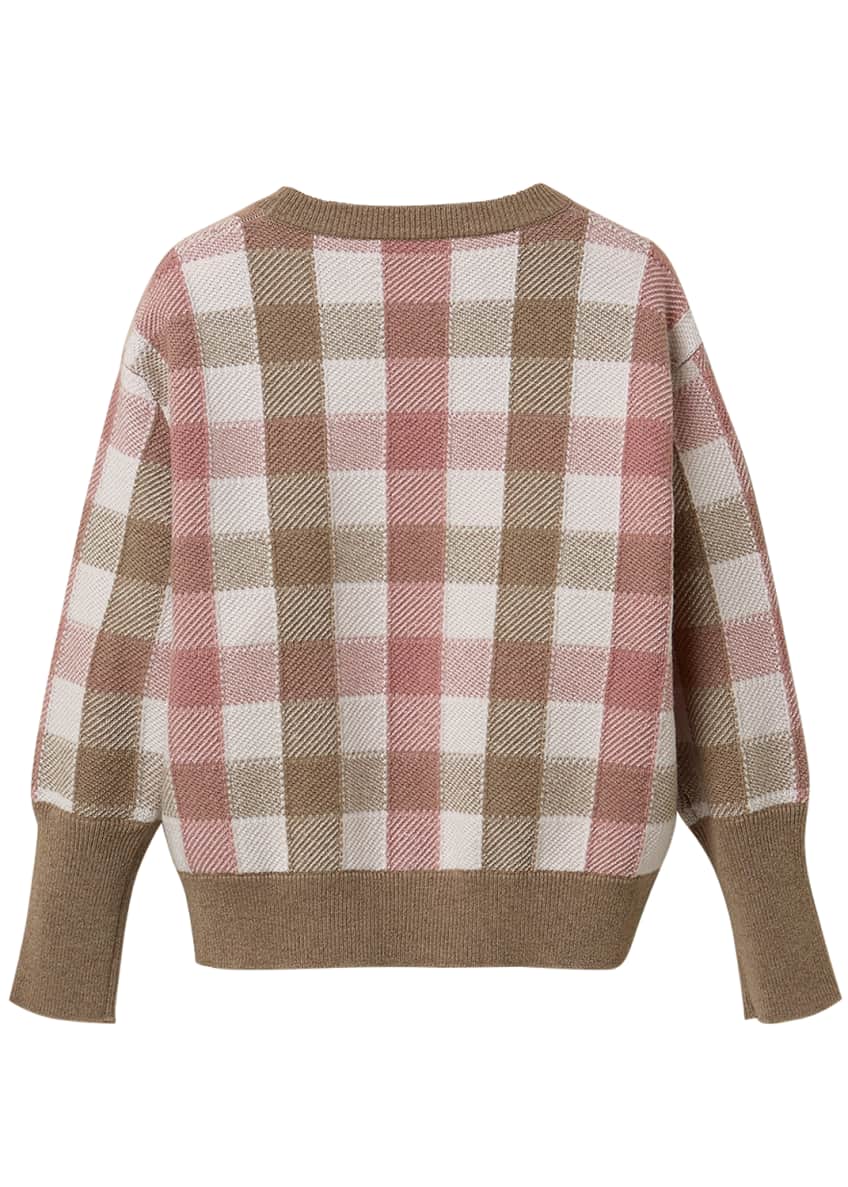 Brunello Cucinelli Girl's Paillette Check Wool-Cashmere Crewneck Sweater, Size 12-14 Image 2 of 7