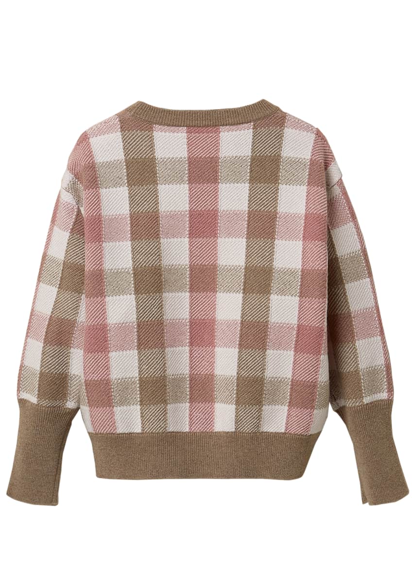 Brunello Cucinelli Girl's Paillette Check Wool-Cashmere Sweater, Size 4-6 Image 2 of 3