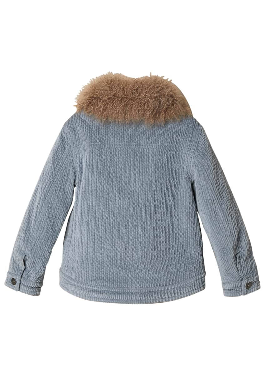 Brunello Cucinelli Girl's Corduroy Jacket w/ Removable Lamb Fur Collar, Size 8-10 Image 2 of 6