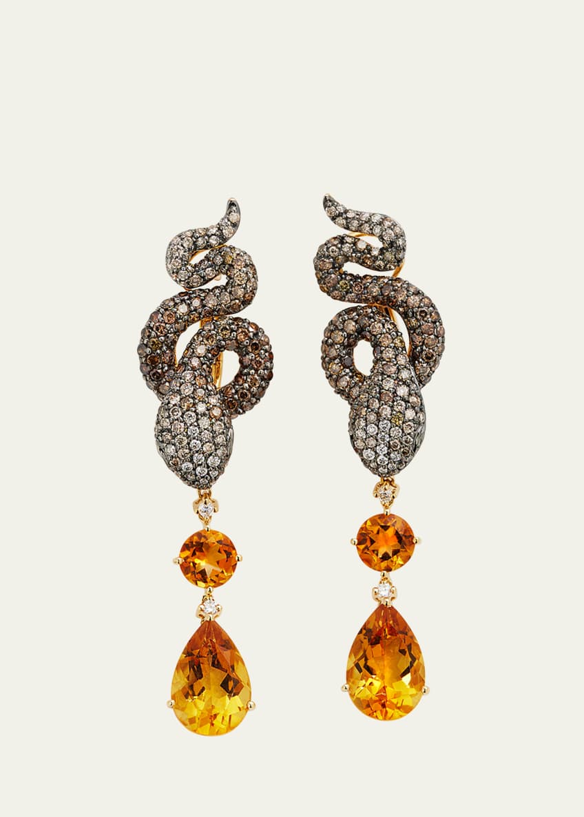 Stefere Yellow Gold Brown Diamond Citrine Green Garnet and White Diamond Earrings from The Snake Collection