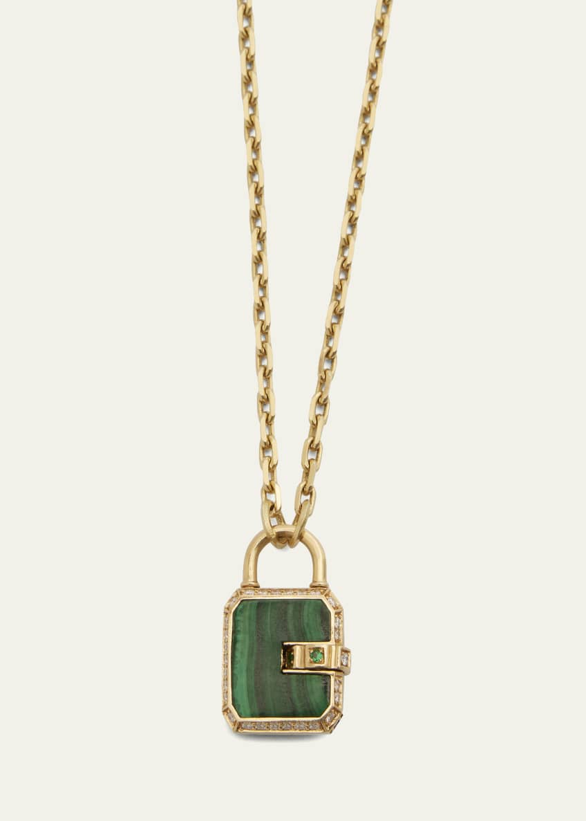 James Banks Mini Padlock Pendant with Malachite, White Diamonds and 18K