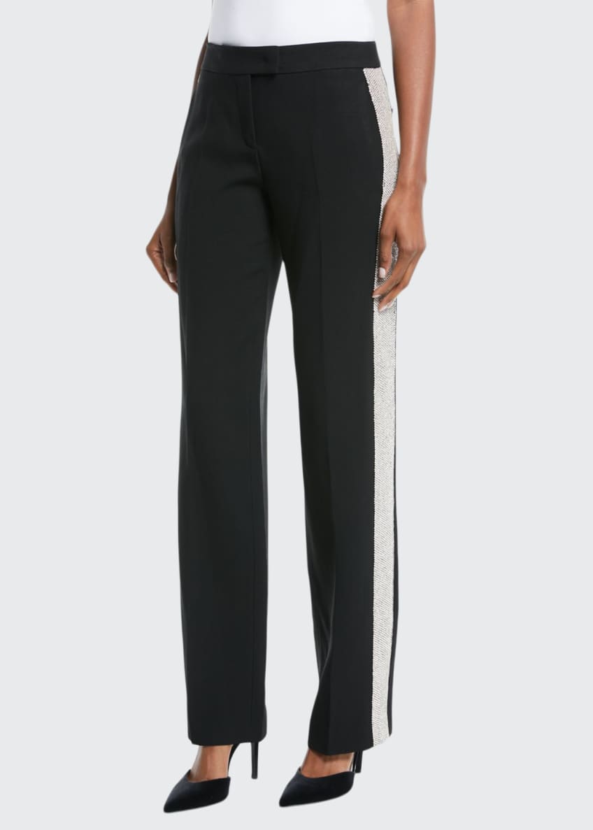 Michael Kors Collection Mid-Rise Straight-Leg Crepe Sable Trousers w/ Crystal Tux Stripe Image 1 of 5