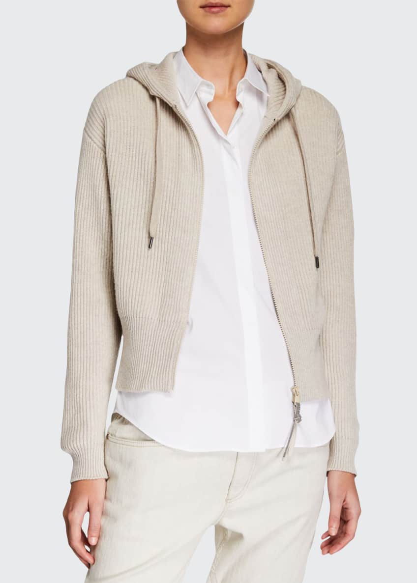 Brunello Cucinelli Ribbed Cashmere Zip-Front Hoodie Cardigan
