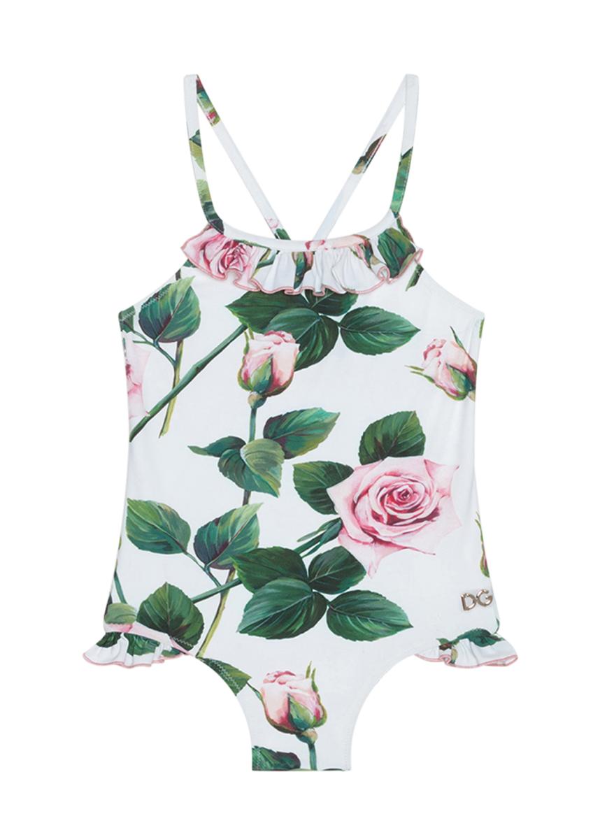 Dolce&Gabbana Girl's Tropical Rose Ruffle One-Piece Swimsuit, Size 4-6 ...