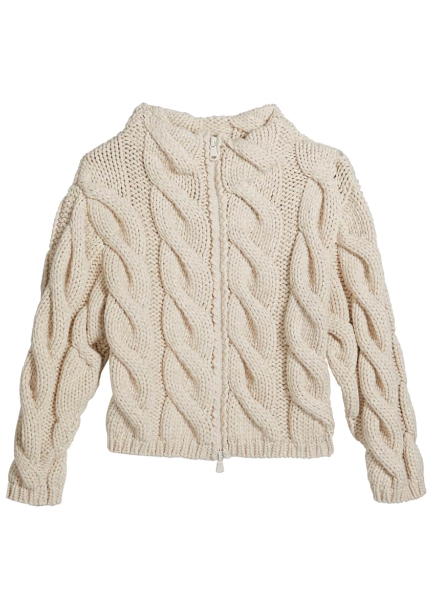 Brunello Cucinelli Girl's Zip-Front Chunky Cable Knit Cardigan, Size 4-6 Image 1 of 2
