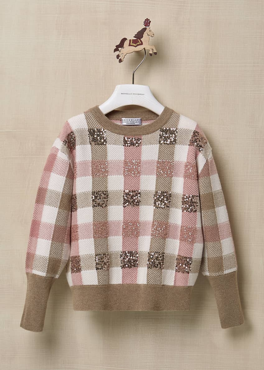 Brunello Cucinelli Girl's Paillette Check Wool-Cashmere Sweater, Size 8-10 Image 1 of 3
