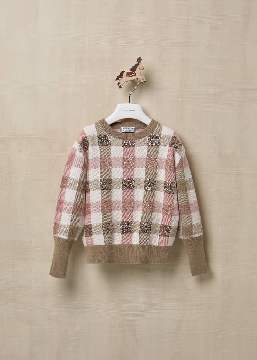 Brunello Cucinelli Girl's Paillette Check Wool-Cashmere Crewneck Sweater, Size 12-14 Image 1 of 7
