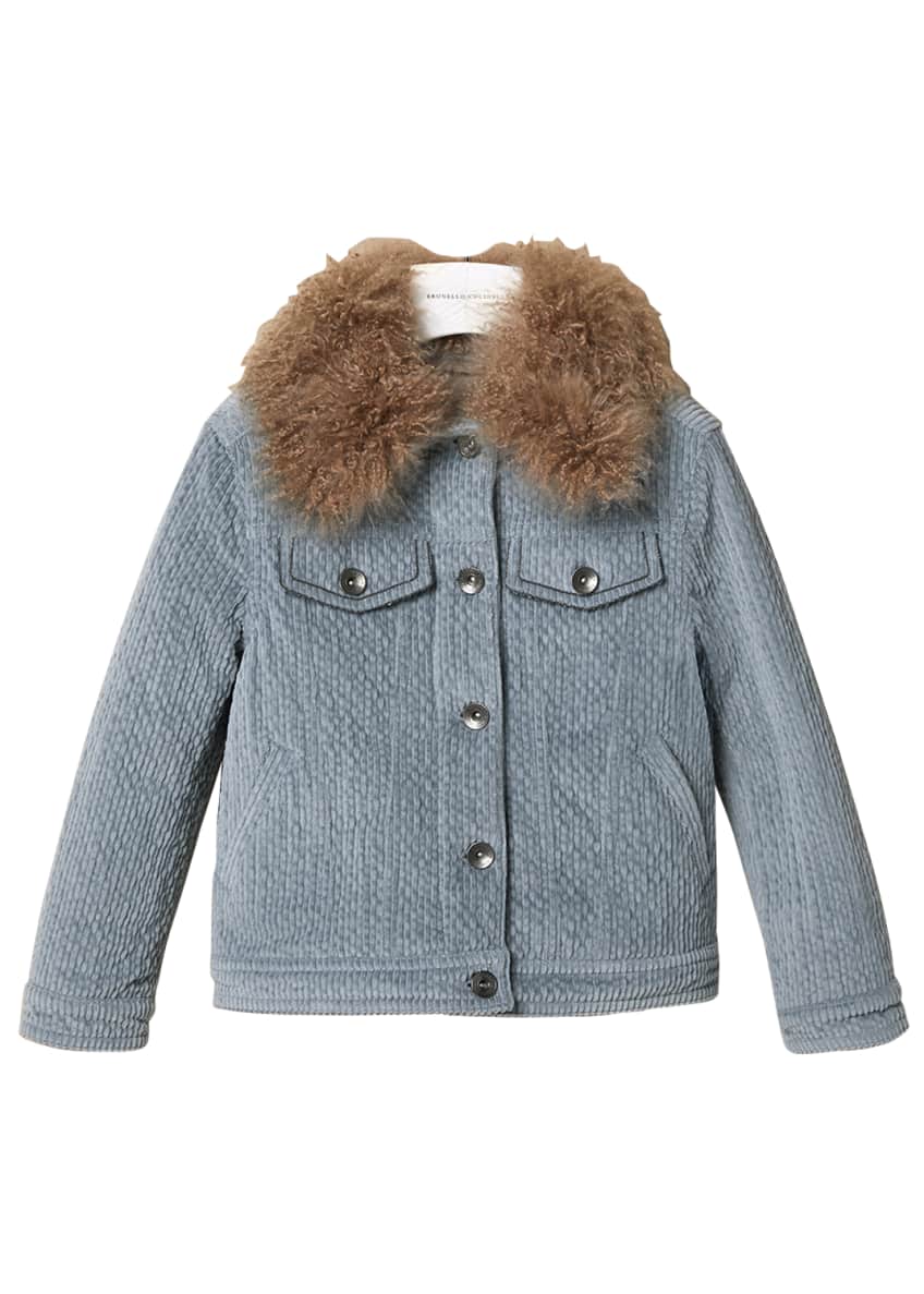 Brunello Cucinelli Corduroy Jacket w/ Removable Lamb Fur Collar, Size 12-14 Image 1 of 3