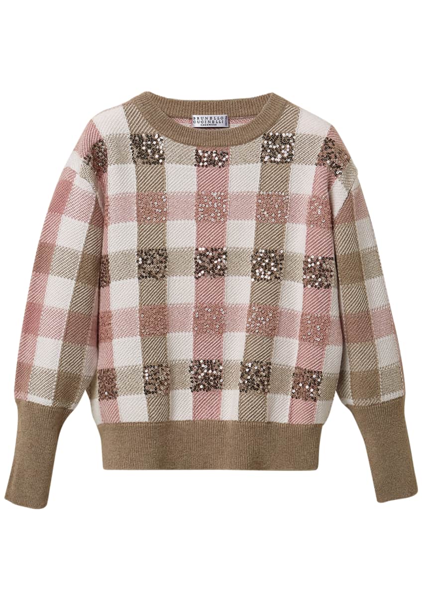 Brunello Cucinelli Girl's Paillette Check Wool-Cashmere Sweater, Size 4-6 Image 1 of 3