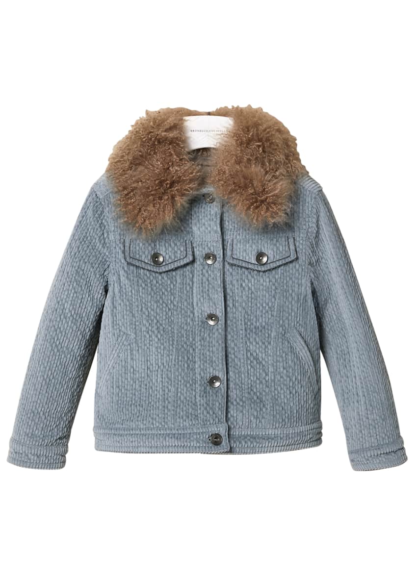 Brunello Cucinelli Girl's Corduroy Jacket w/ Removable Lamb Fur Collar, Size 8-10 Image 1 of 6