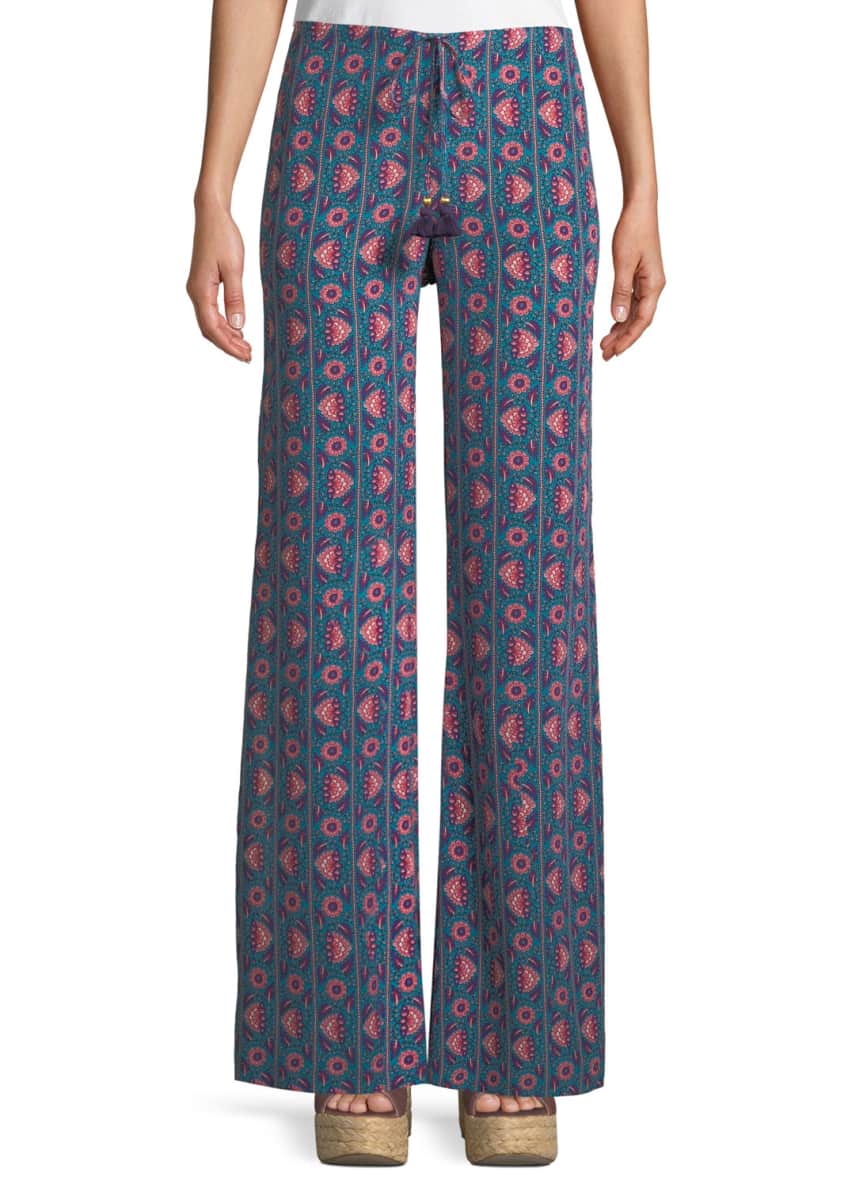 Figue Ipanema Floral-Stripe Split Wide-Leg Silk Pull-On Pants Image 1 of 6