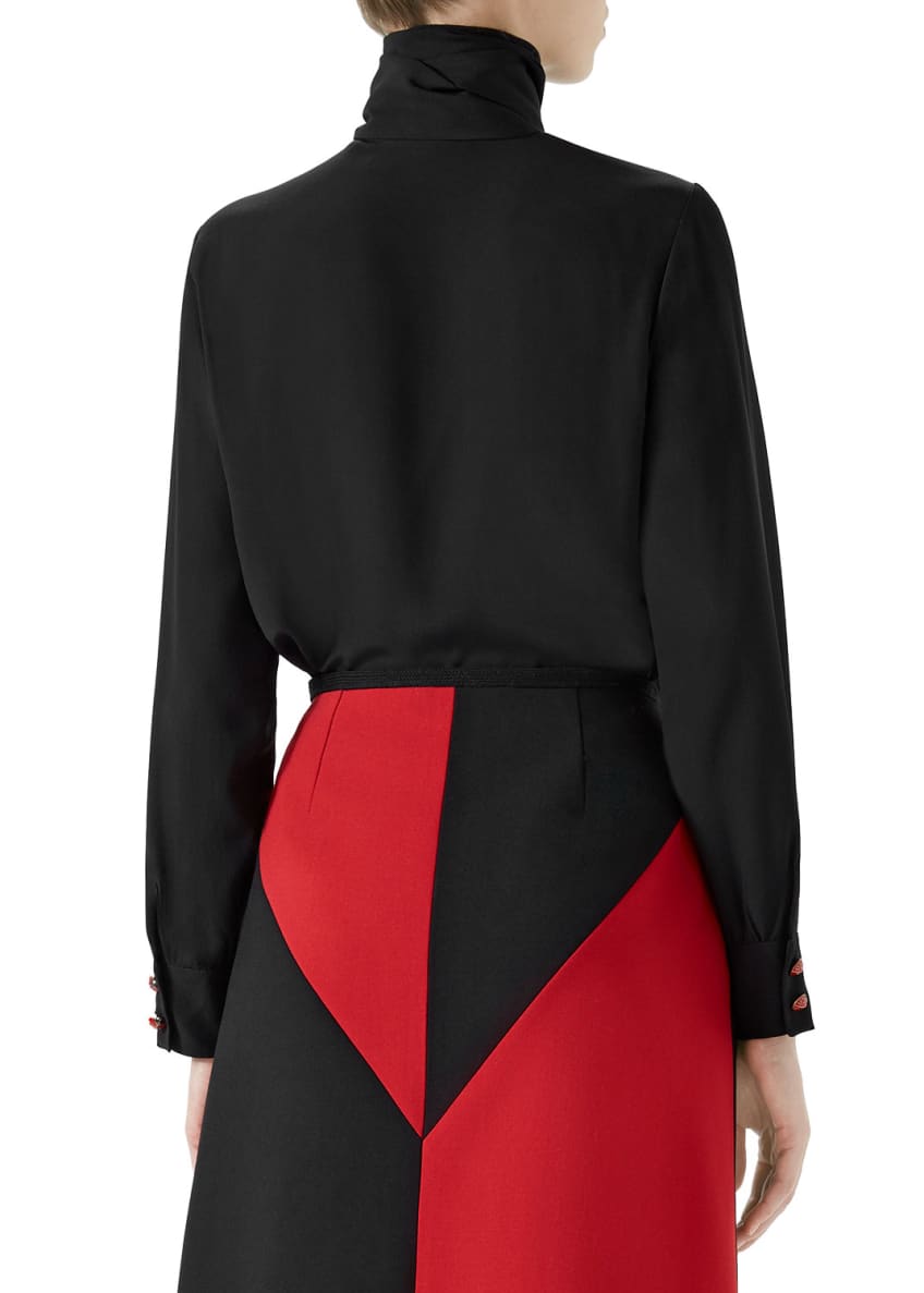 Gucci Long-Sleeve Neck-Bow Silk Crepe de Chine Blouse w/ Ladybug Buttons Image 2 of 6