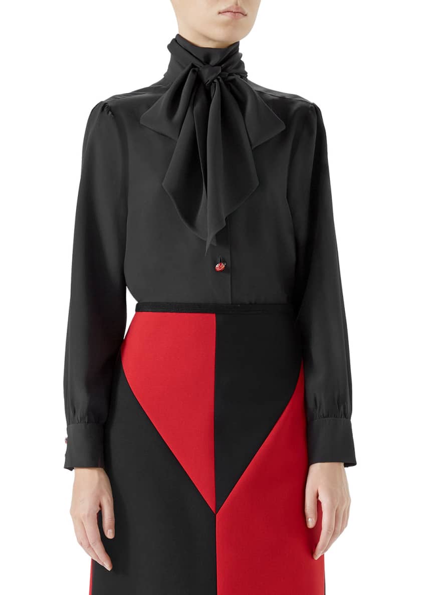 Gucci Long-Sleeve Neck-Bow Silk Crepe de Chine Blouse w/ Ladybug Buttons Image 1 of 6