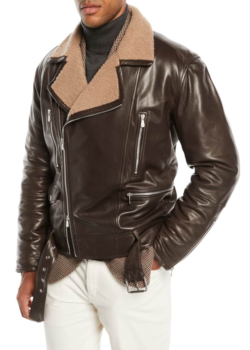 Brunello Cucinelli Men's Shearling-Lined Leather Moto Jacket